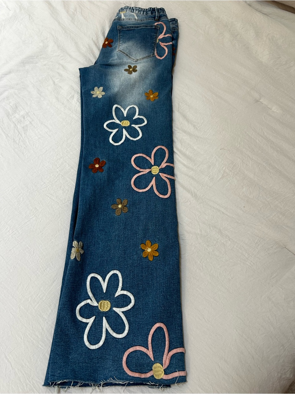 Blue Floral Embroidered Flare Jeans - Women's Wide Leg - Picture 3 of 8